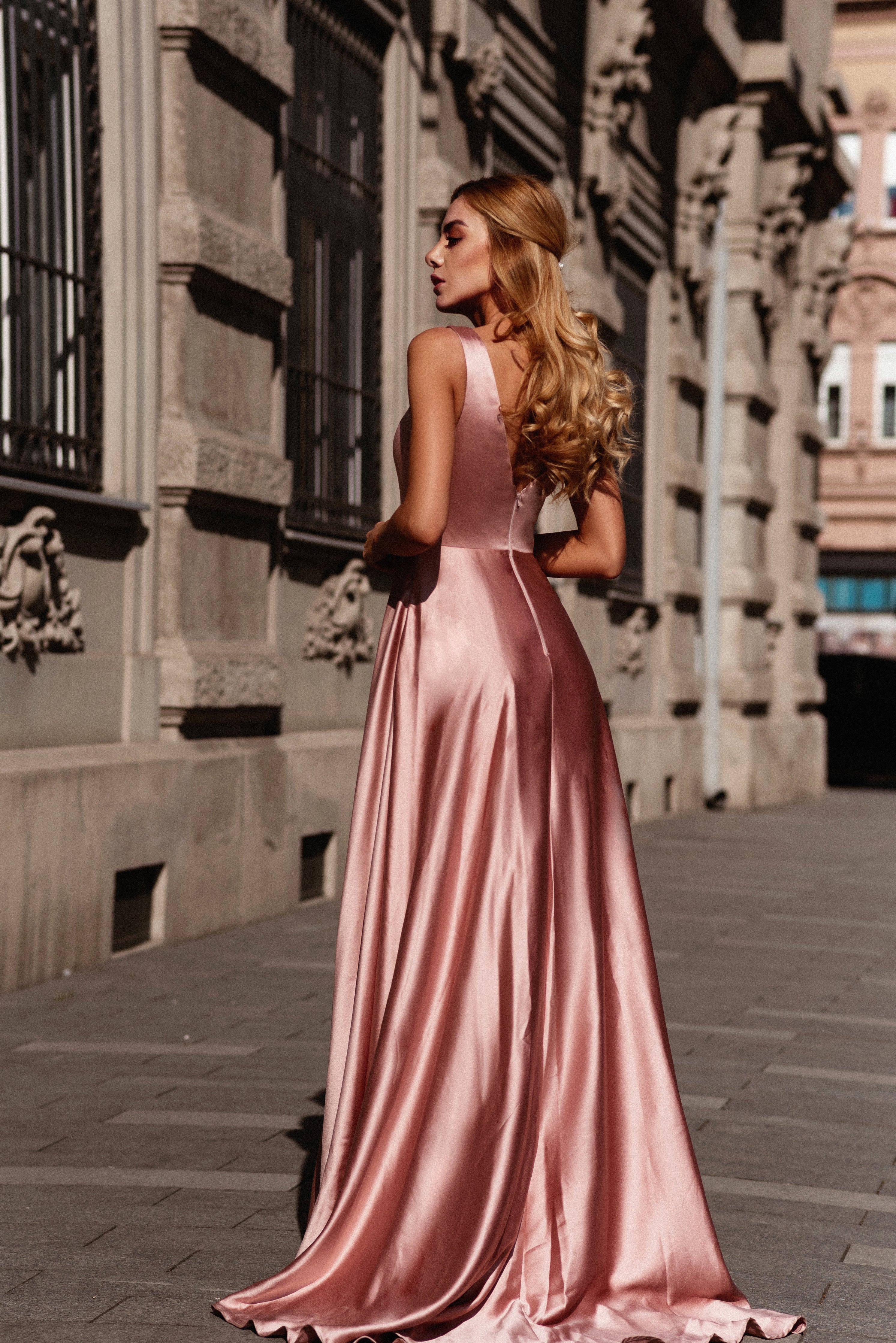 HDD Carina Shiny Satin Plunging Neckline Full Length Dress