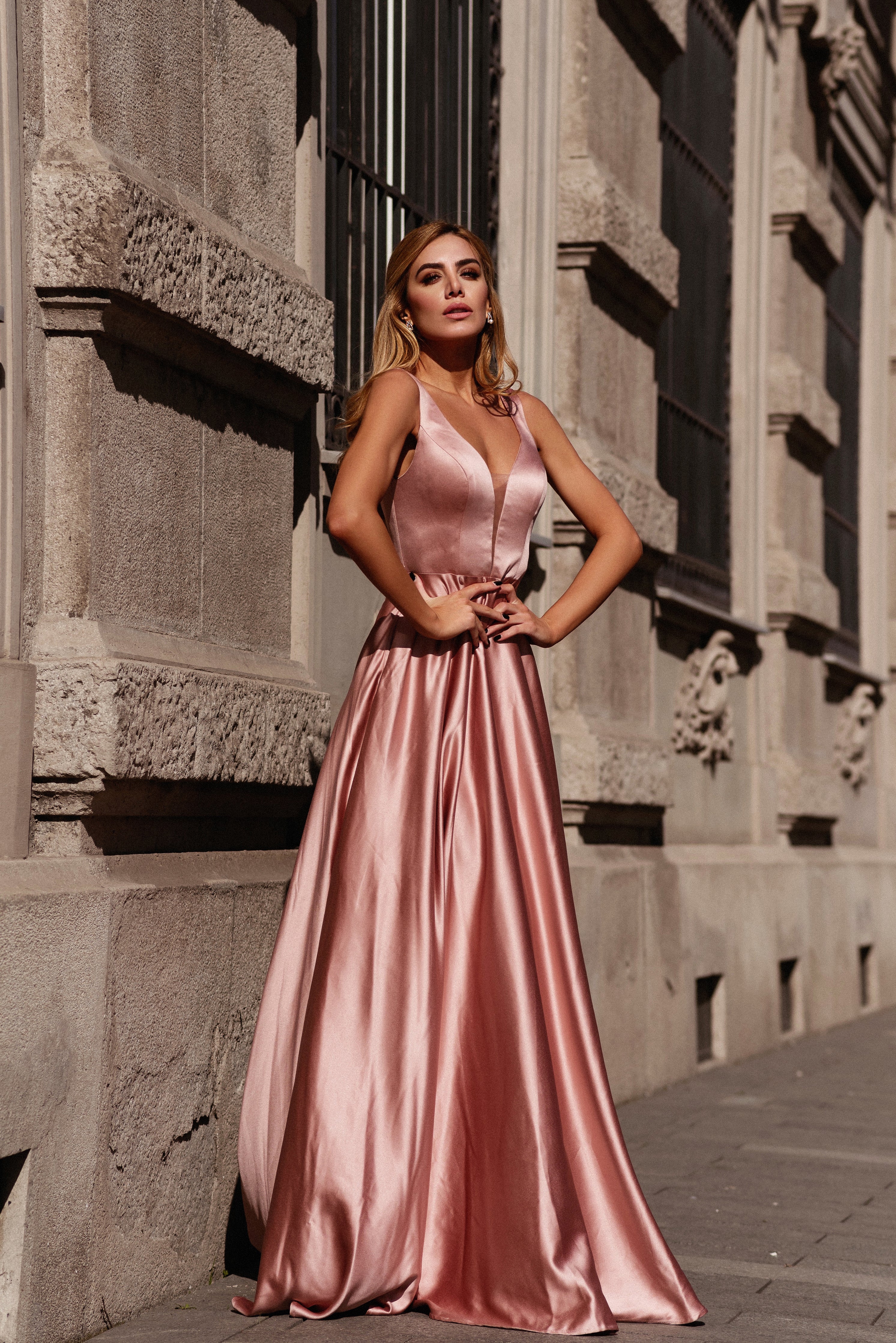 HDD Carina Shiny Satin Plunging Neckline Full Length Dress