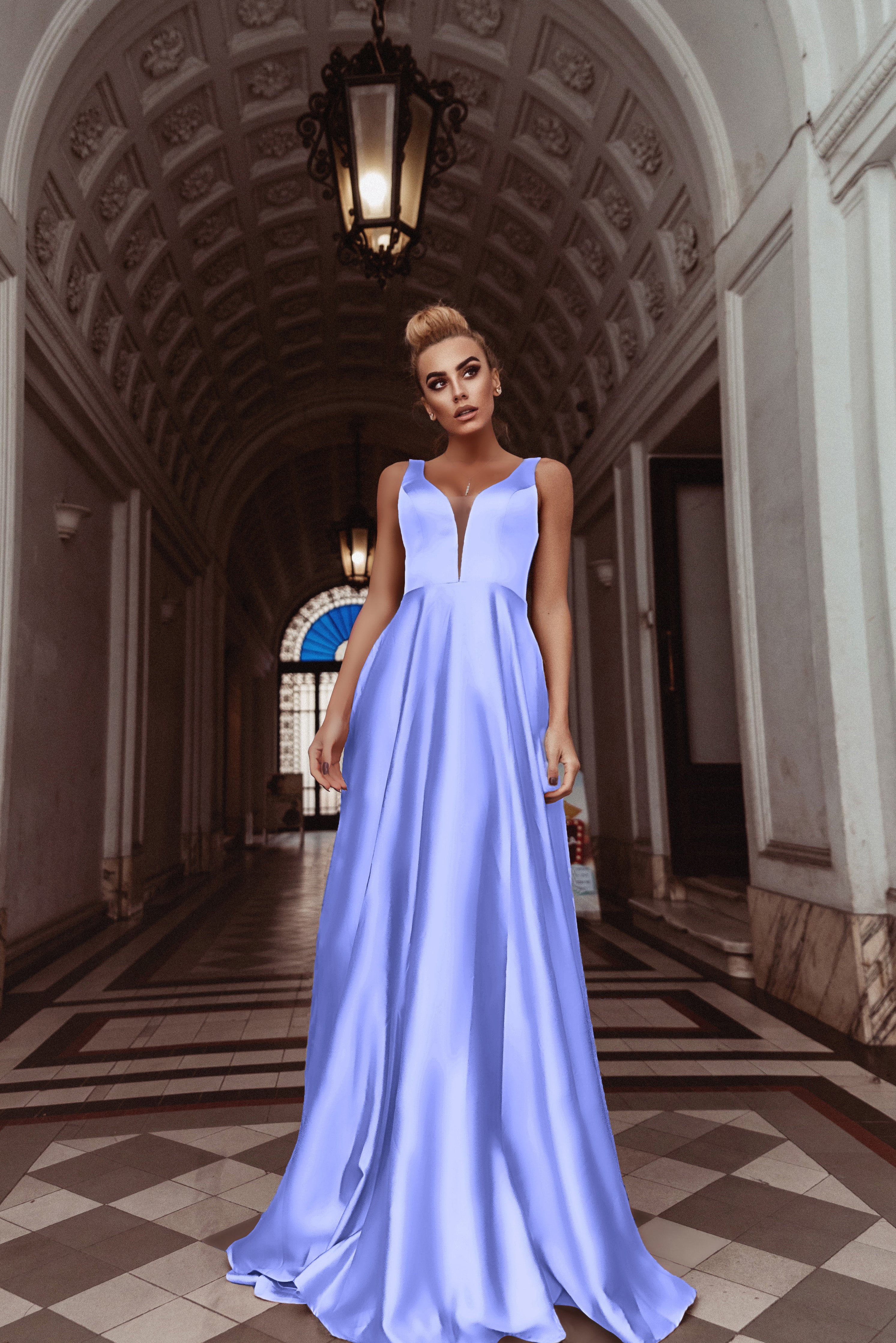 HDD Carina Shiny Satin Plunging Neckline Full Length Dress