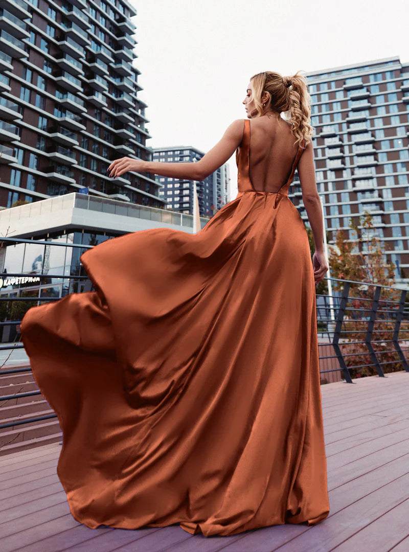 HDD Odette Satin Deep V Plunging Neckline Maxi Dress