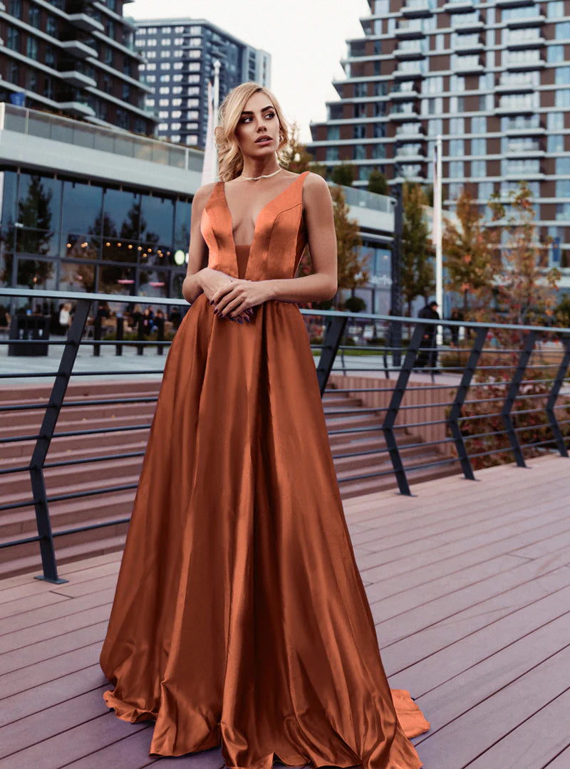 HDD Odette Satin Deep V Plunging Neckline Maxi Dress