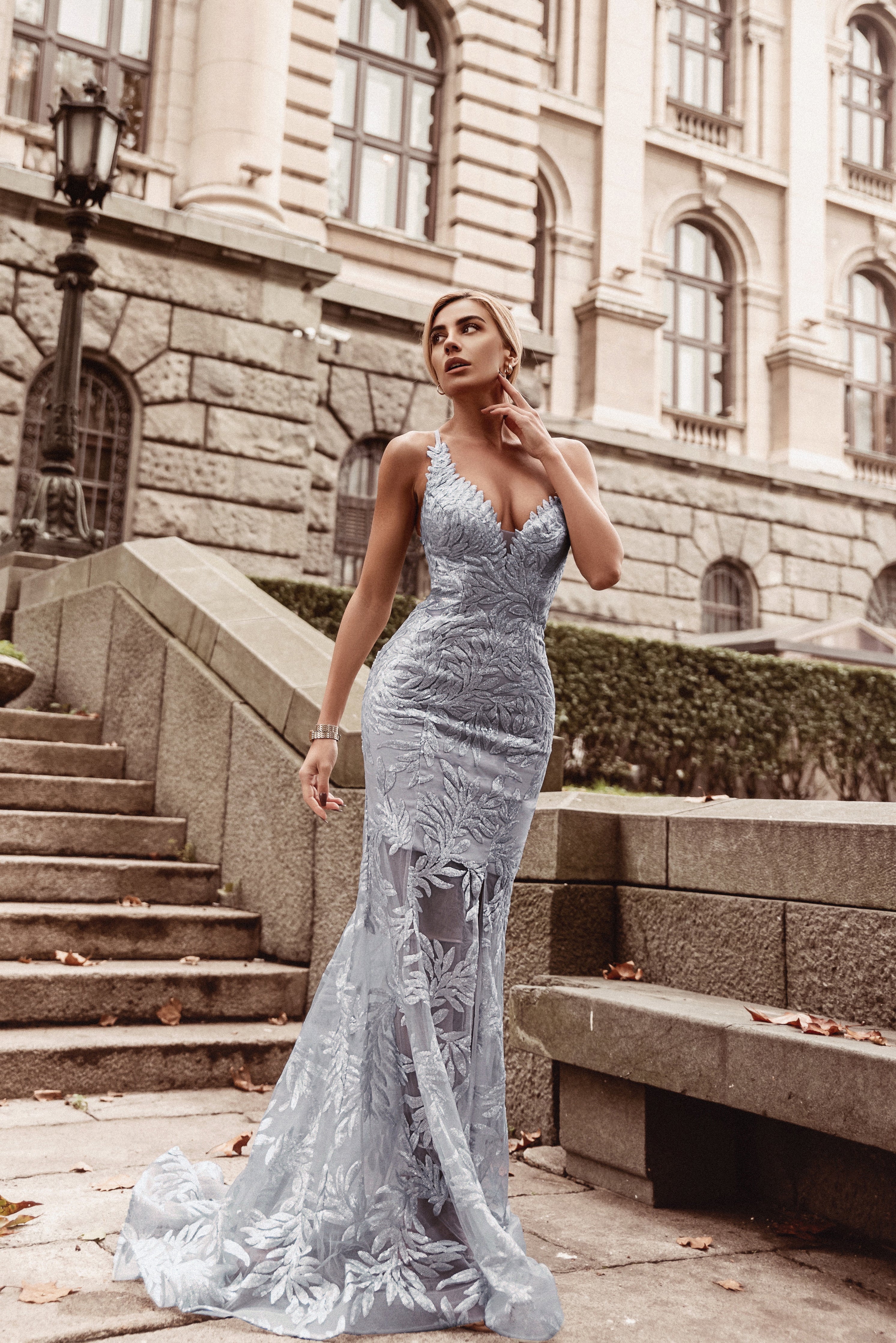 HDD Jenna Sequin Plunging Neckline Mermaid-tailed dress