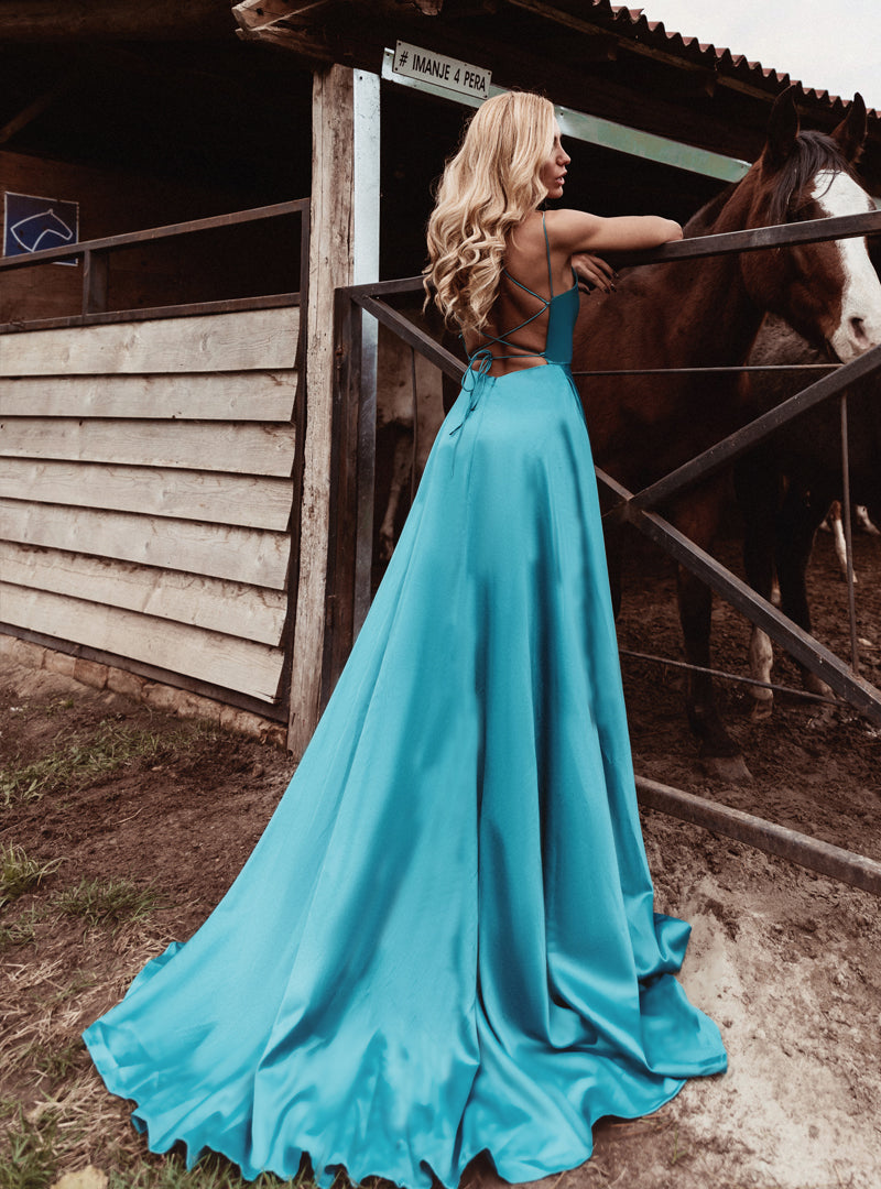 Tina Holly | TE001 Satin Plunging Neckline Laced Back Floor Sweeping Dress