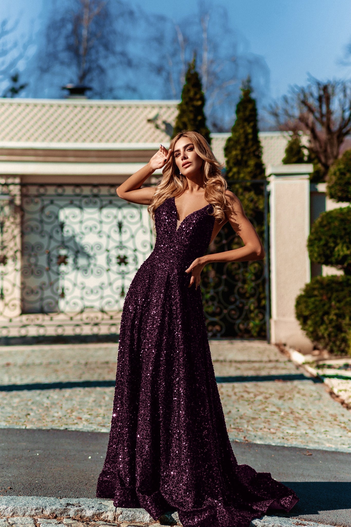 Tina Holly | TE123 Sequin Plunging Neckline Spaghetti Strap A-Line Full Length Dress Plum (Made-To-Order)