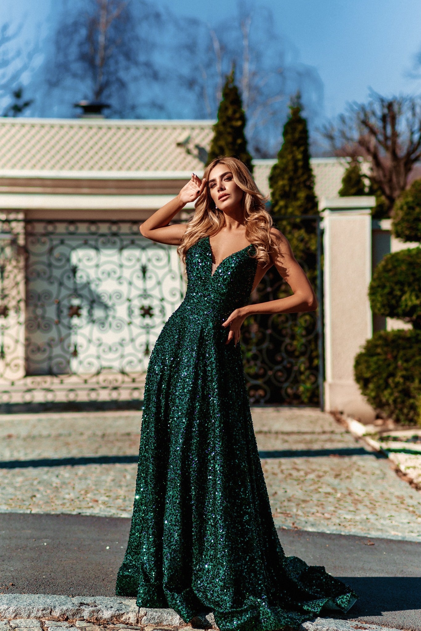 Tina Holly | TE123 Sequin Plunging Neckline Spaghetti Strap A-Line Full Length Dress Emerald (Made-To-Order)