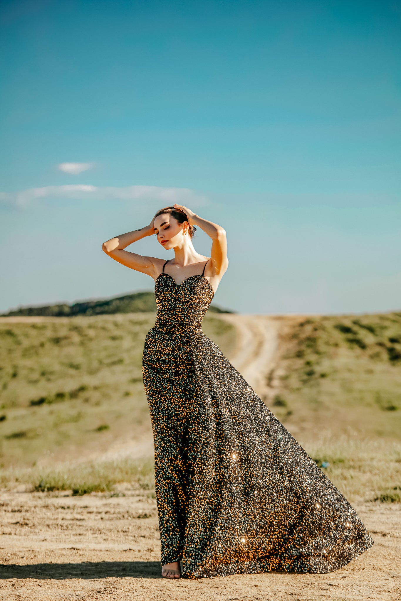Tina Holly | TK046 Sweetheart Neckline with Detachable Overlay Full Length Sequin Dress (Made-To-Order)