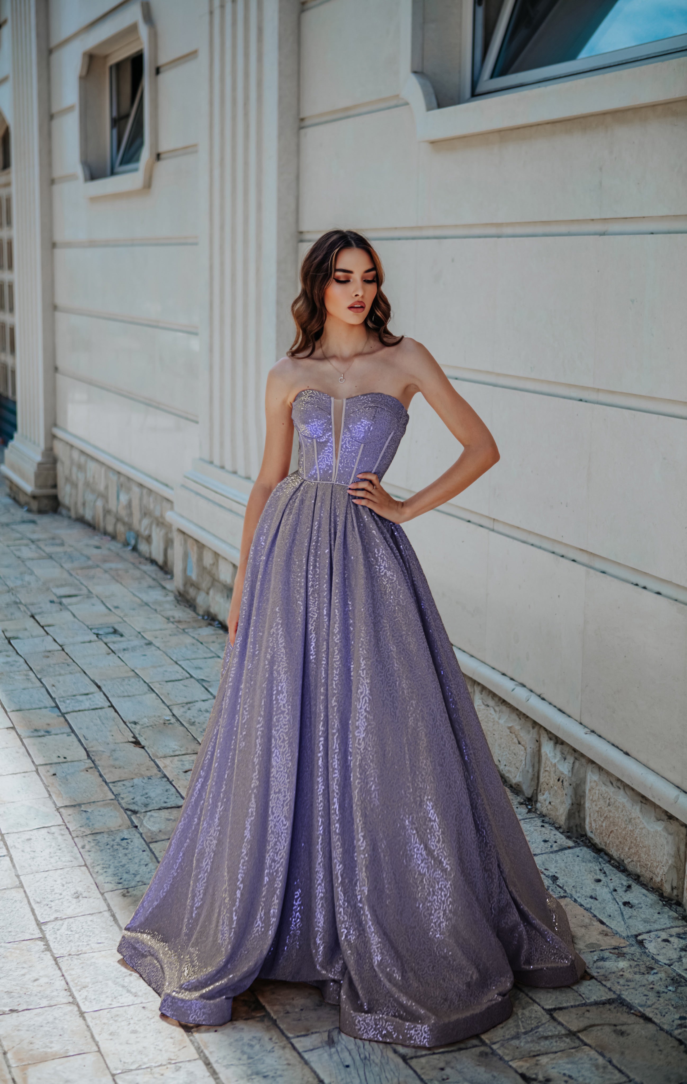 Tina Holly | TK313 Sweetheart Neckline A-Line Full Length Sequin Dress (Made-To-Order)