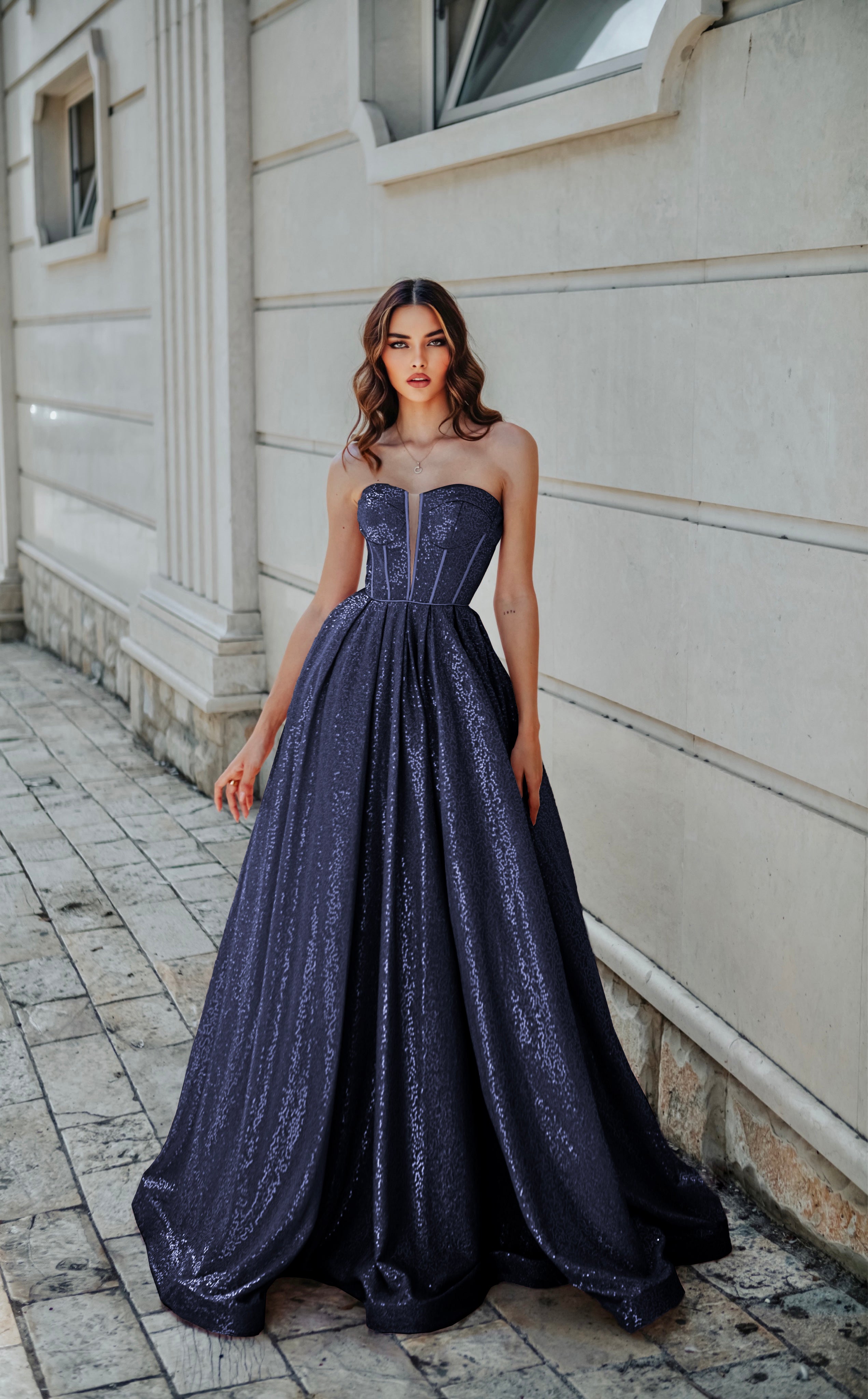 Tina Holly | TK313 Sweetheart Neckline A-Line Full Length Sequin Dress (Made-To-Order)