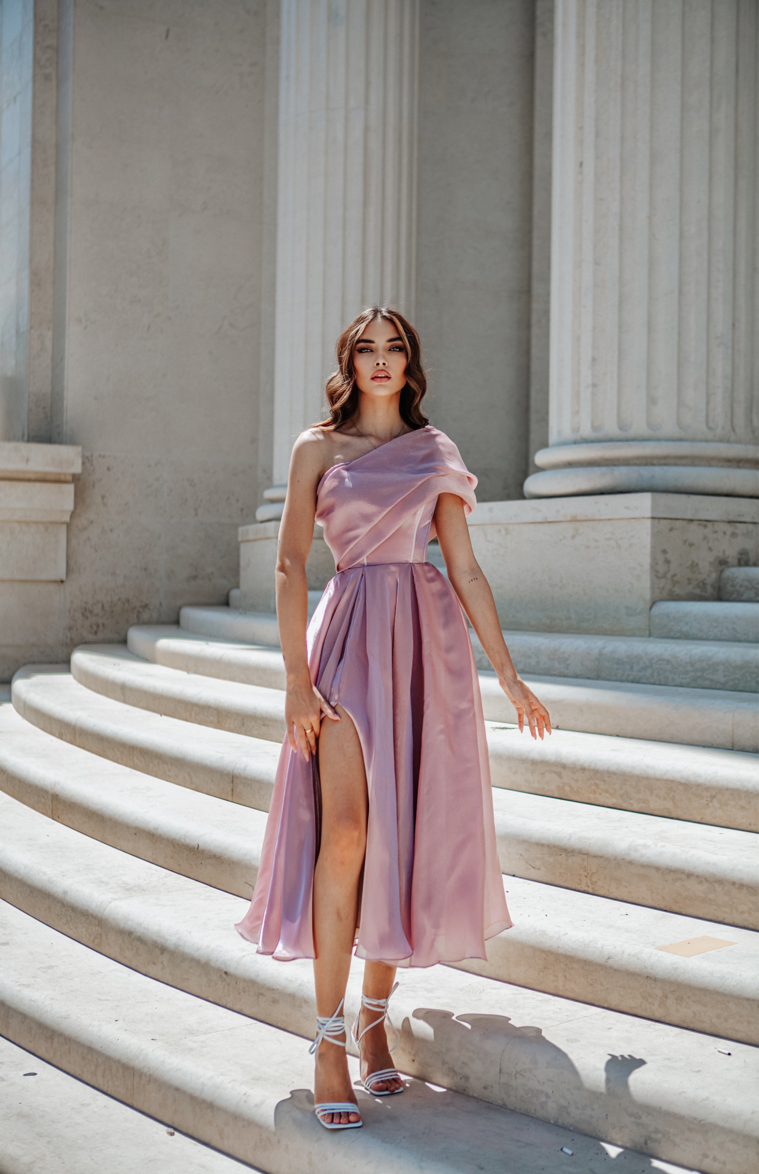Tina Holly | TK315 Silky Satin One Shoulder Tea Length Dress