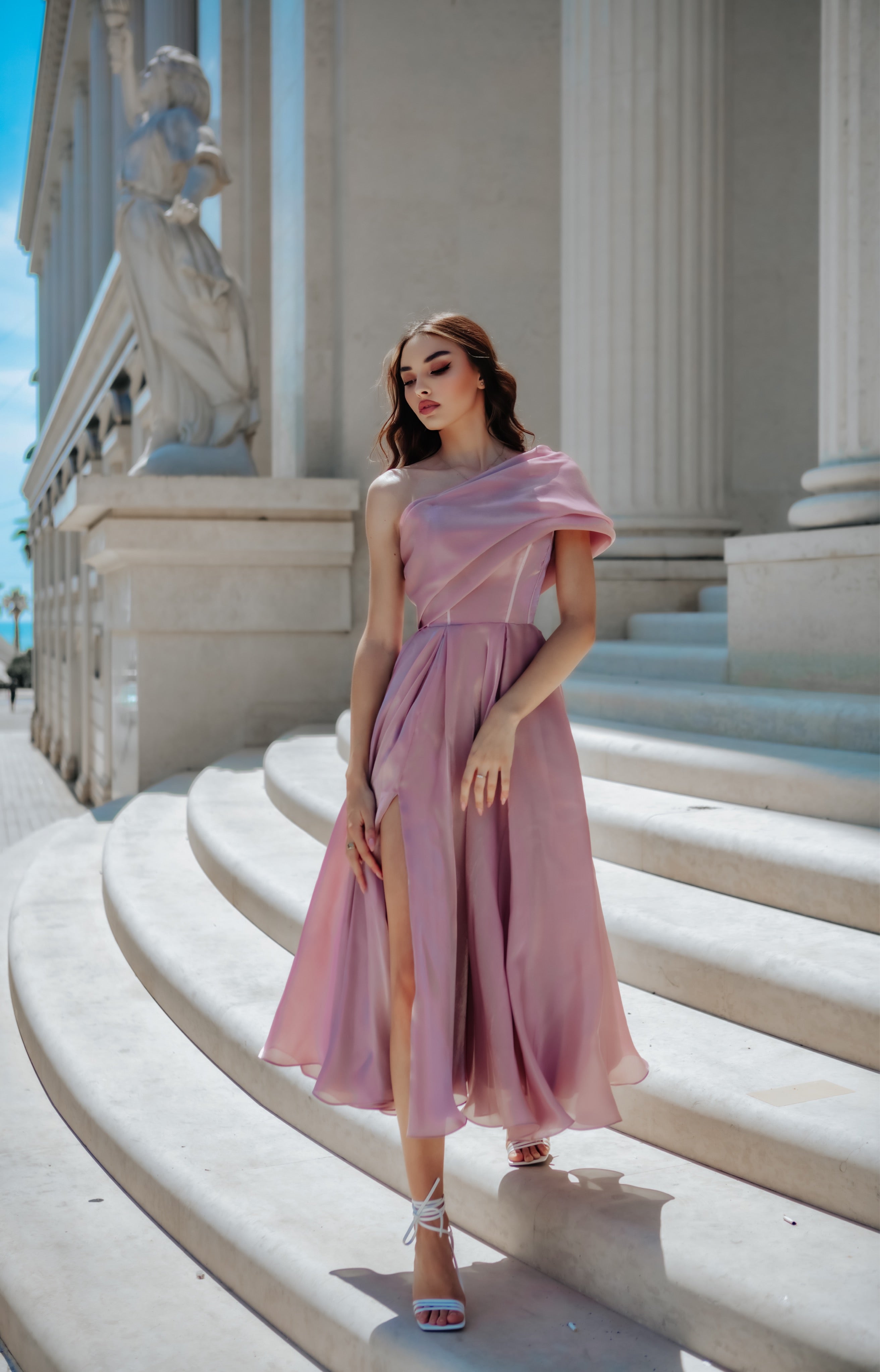 Tina Holly | TK315 Silky Satin One Shoulder Tea Length Dress