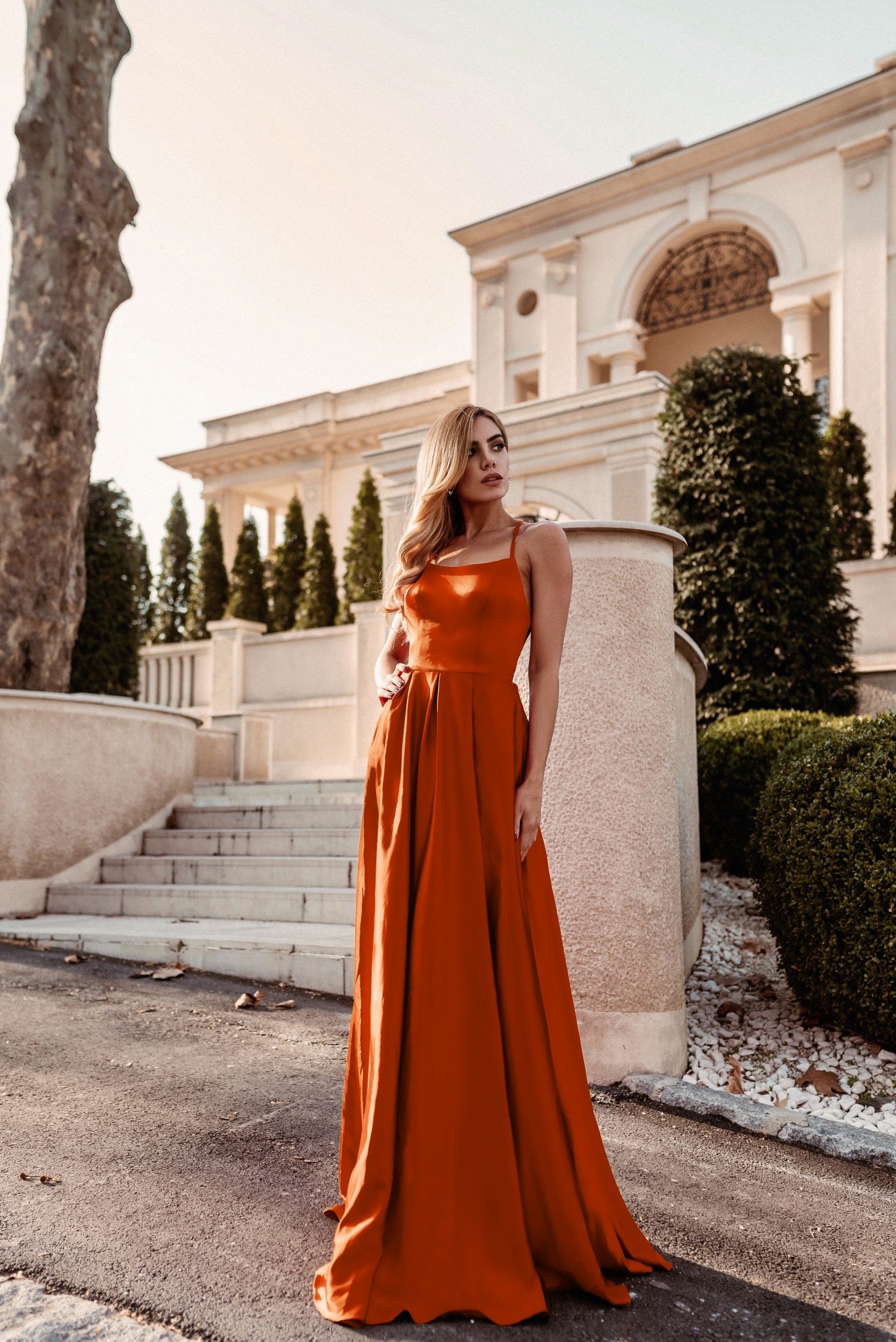 Tina Holly | TW004 Lace Backed Apron Neckline Full Length Dress (Made-To-Order)