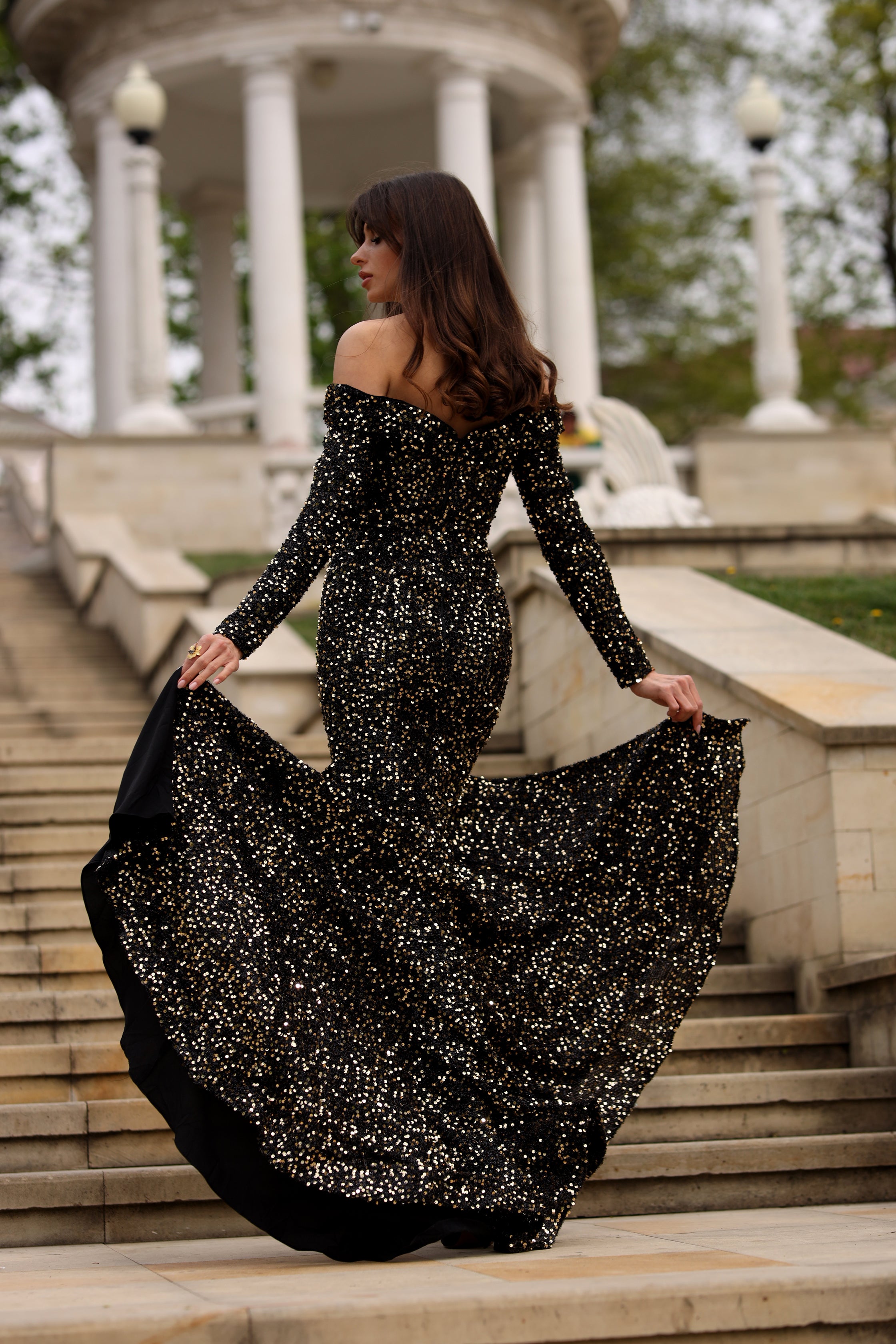 Tina Holly | TK099 Sequin Off Shoulder Long Sleeves Sweetheart Neckline Mermaid Split Evening Formal Dress (Made-To-Order)