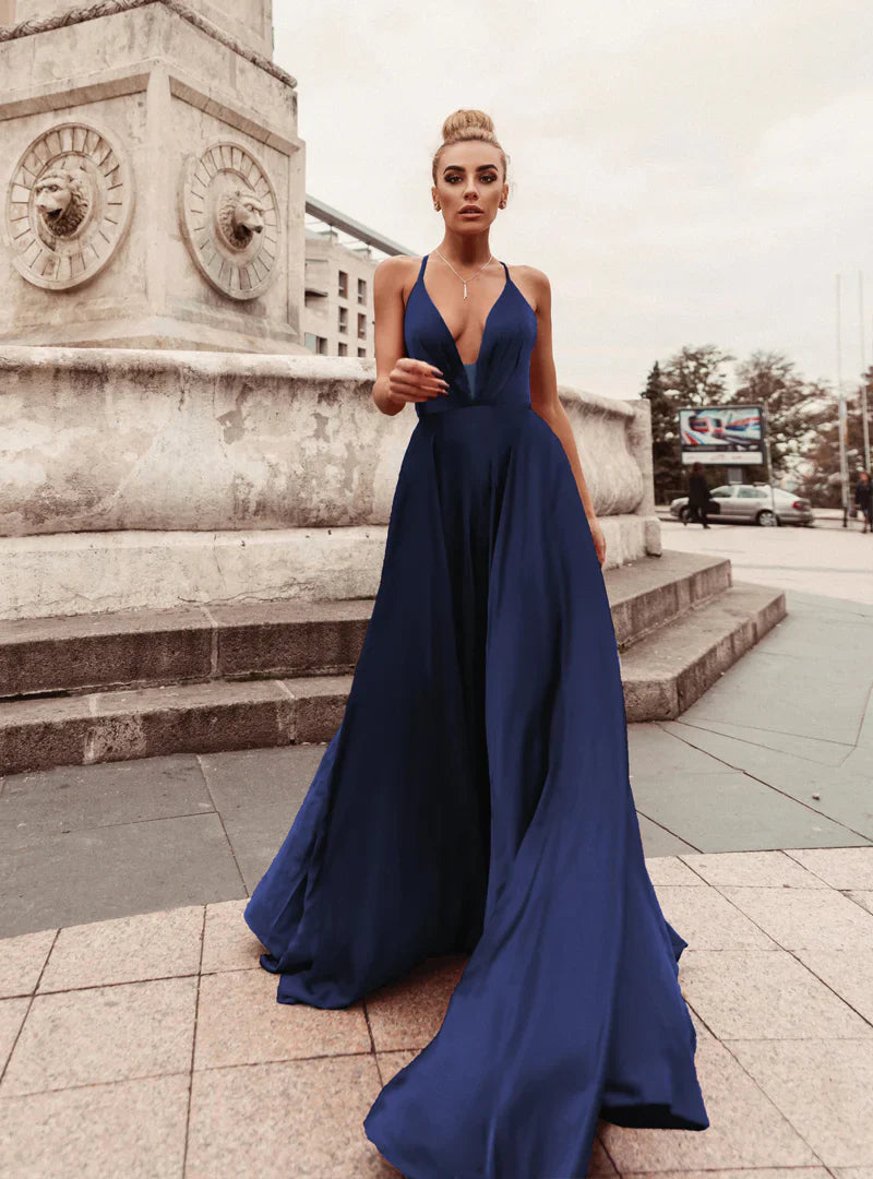 HDD Elina Satin Plunging Neckline Laced Back Maxi Dress (Made-To-Order)