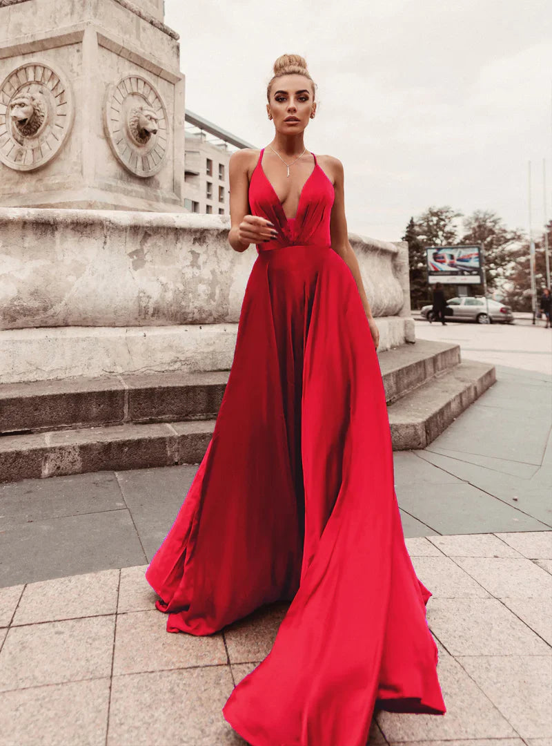 HDD Elina Satin Plunging Neckline Laced Back Maxi Dress (Made-To-Order)