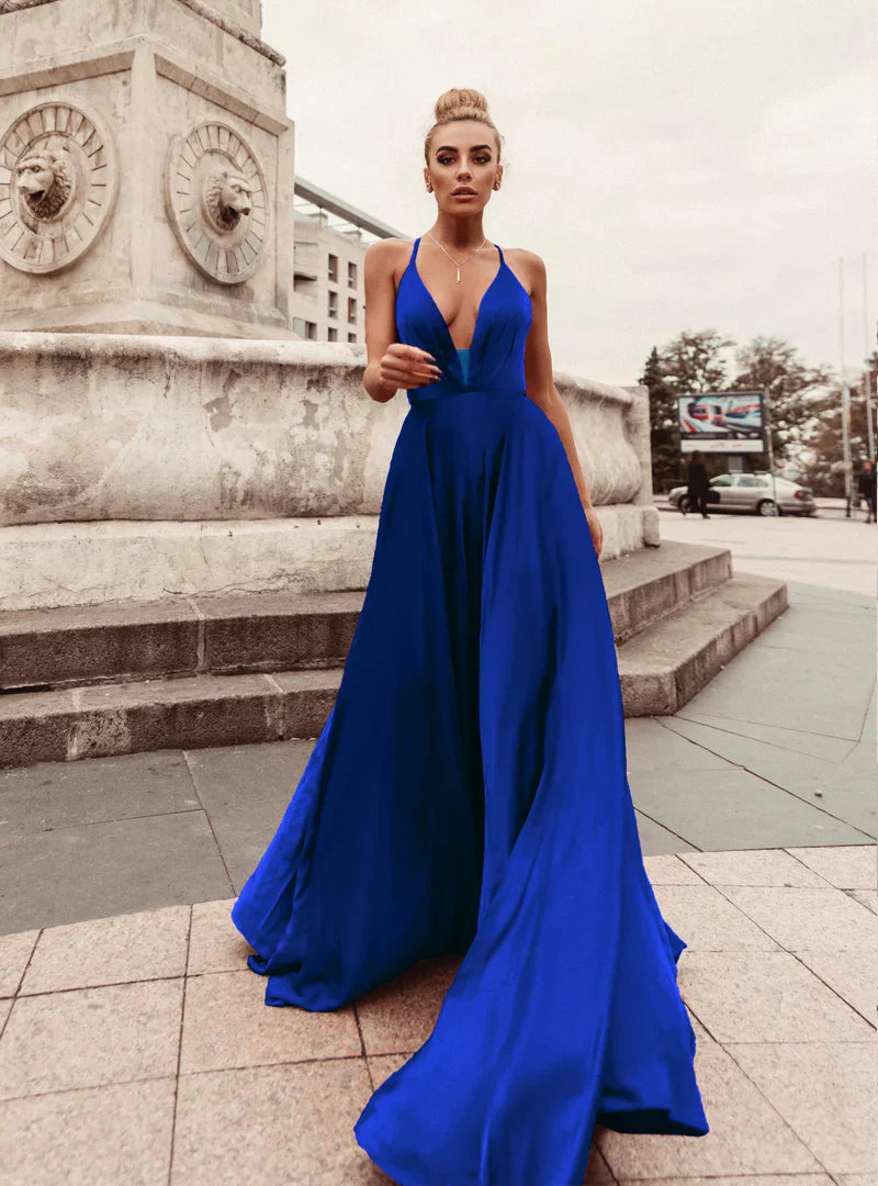 HDD Elina Satin Plunging Neckline Laced Back Maxi Dress (Made-To-Order)