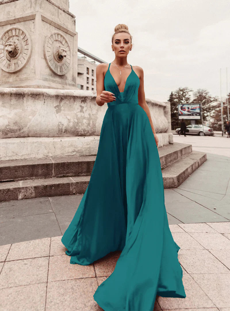 HDD Elina Satin Plunging Neckline Laced Back Maxi Dress (Made-To-Order)