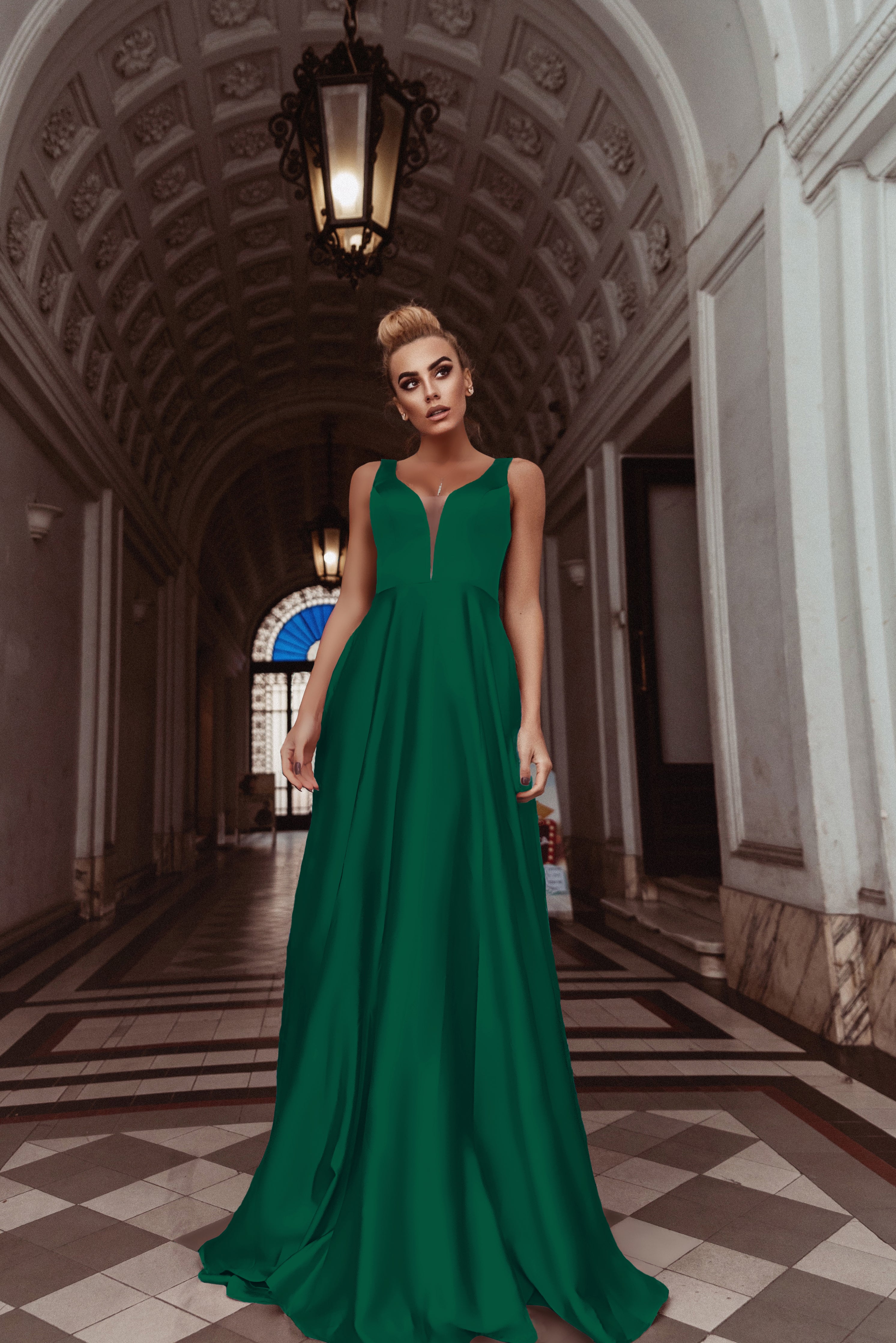 HDD Carina Shiny Satin Plunging Neckline Double Shoulder A Line Formal Dress (Made-To-Order)