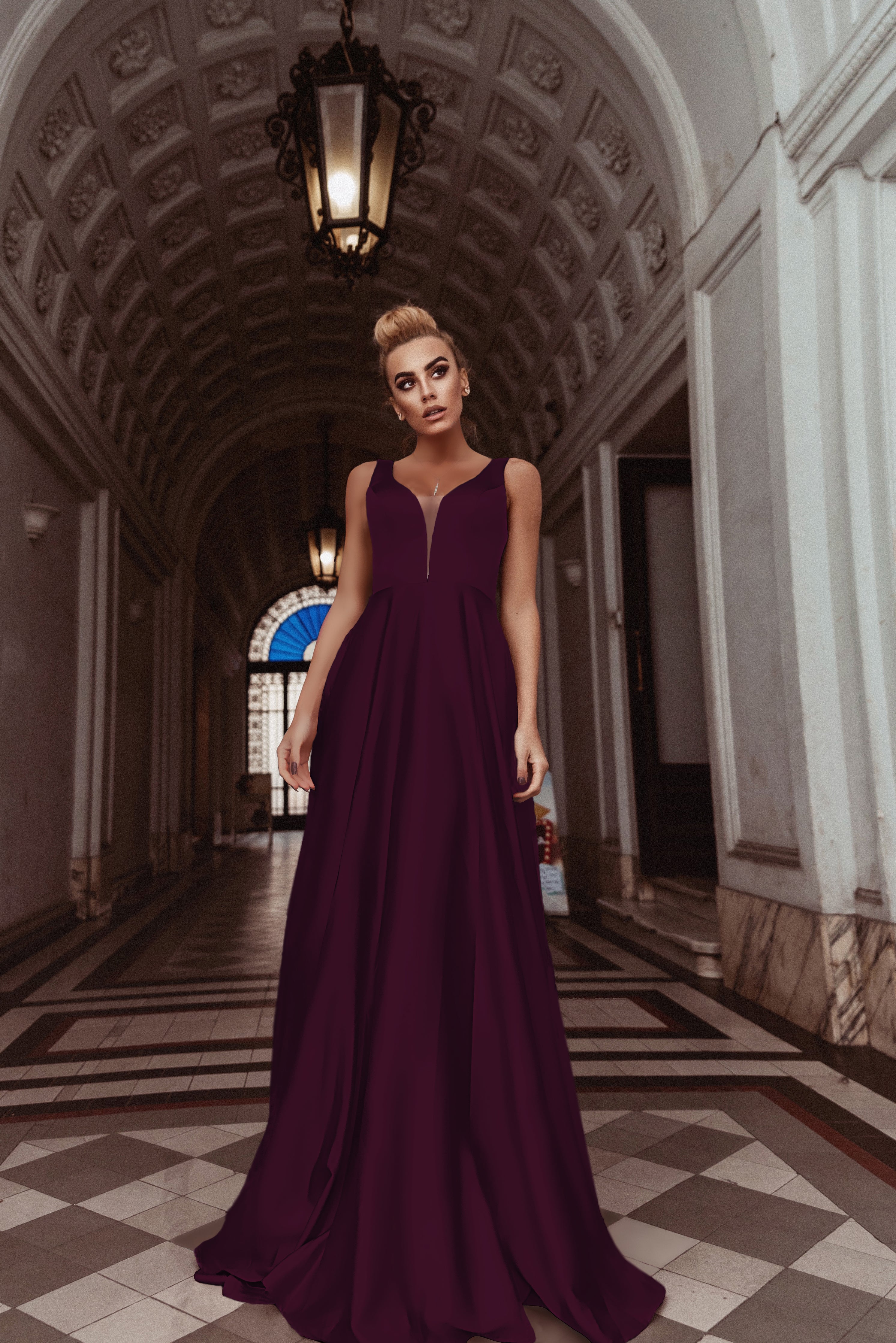 HDD Carina Shiny Satin Plunging Neckline Double Shoulder A Line Formal Dress (Made-To-Order)