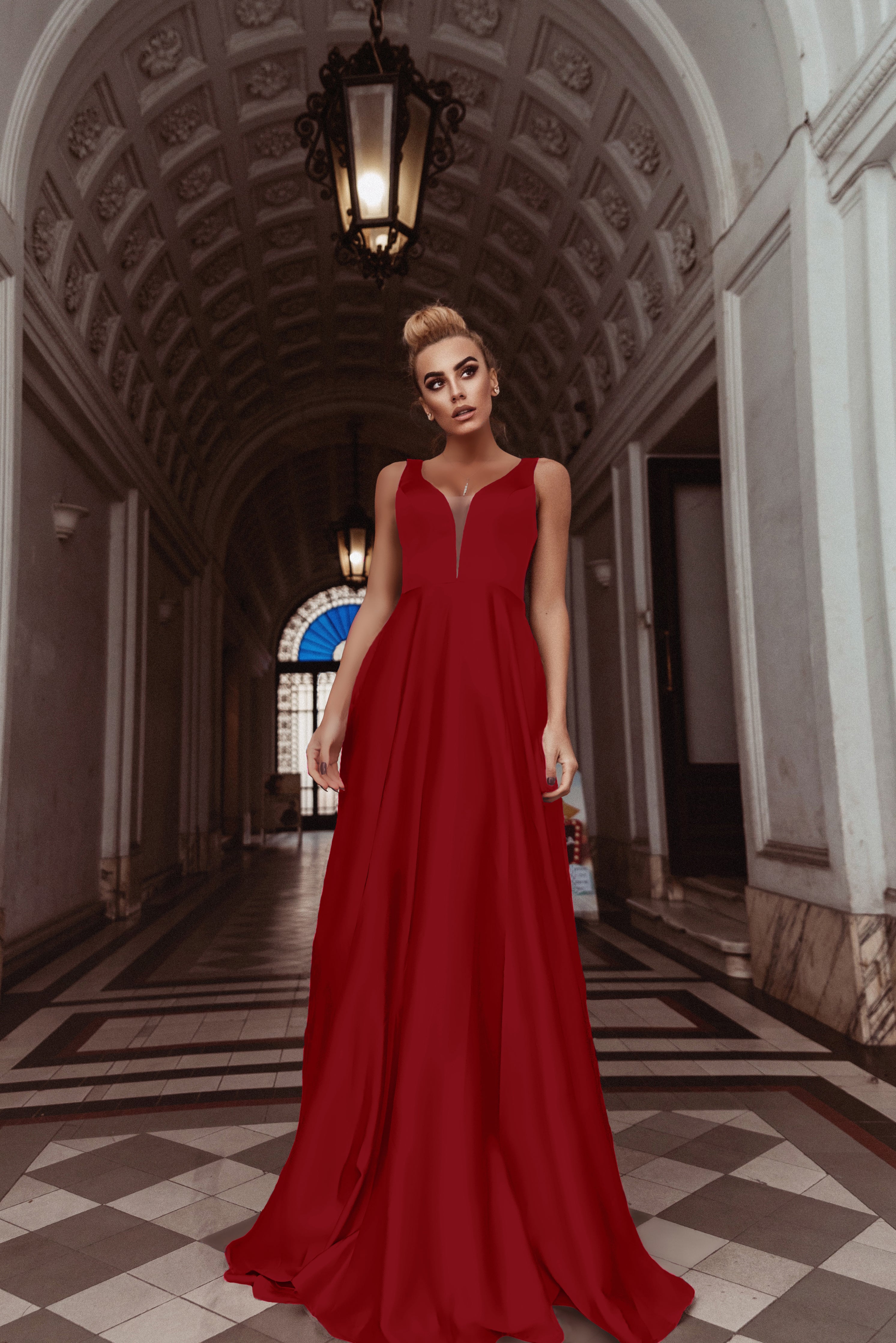 HDD Carina Shiny Satin Plunging Neckline Double Shoulder A Line Formal Dress (Made-To-Order)