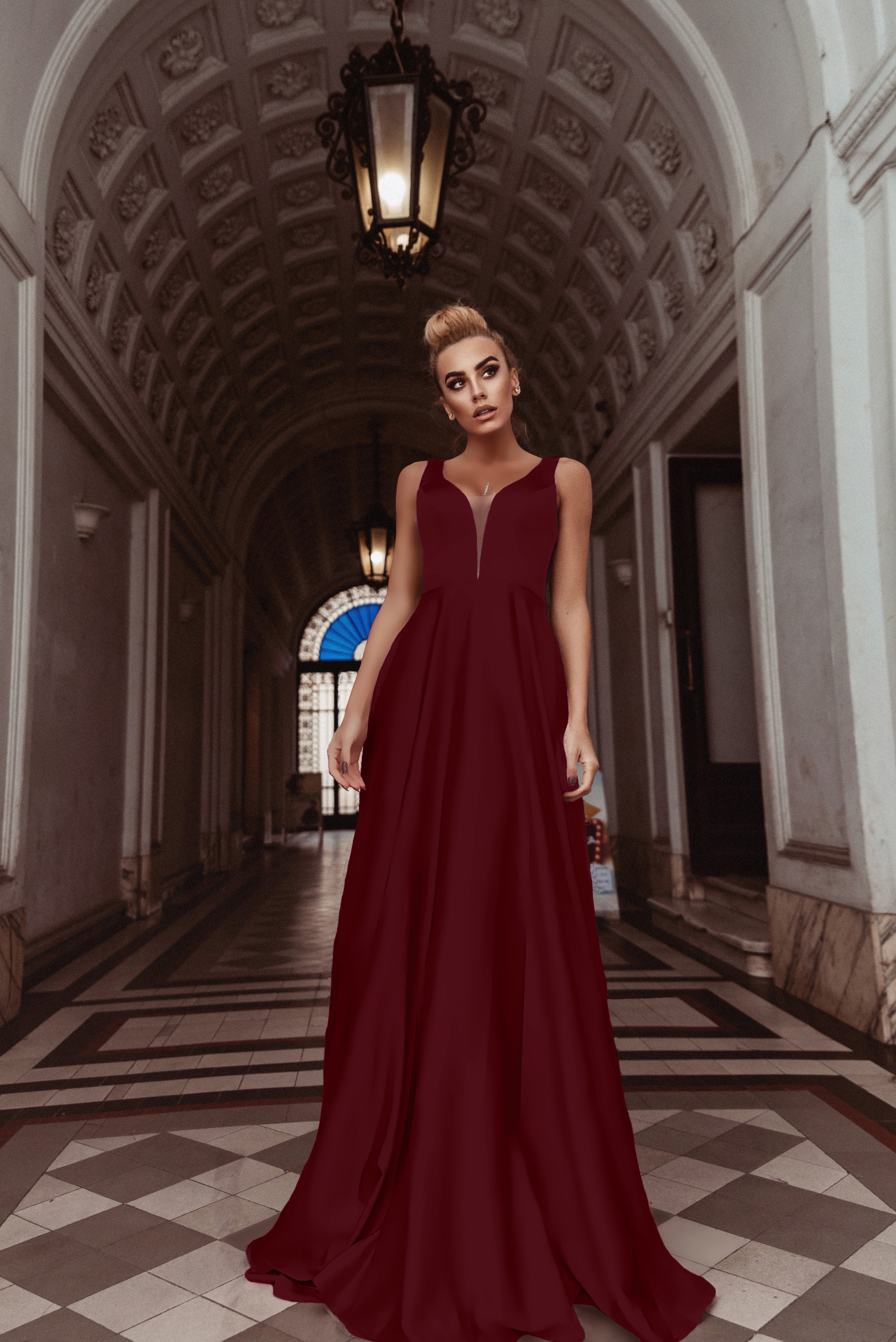 HDD Carina Shiny Satin Plunging Neckline Double Shoulder A Line Formal Dress (Made-To-Order)