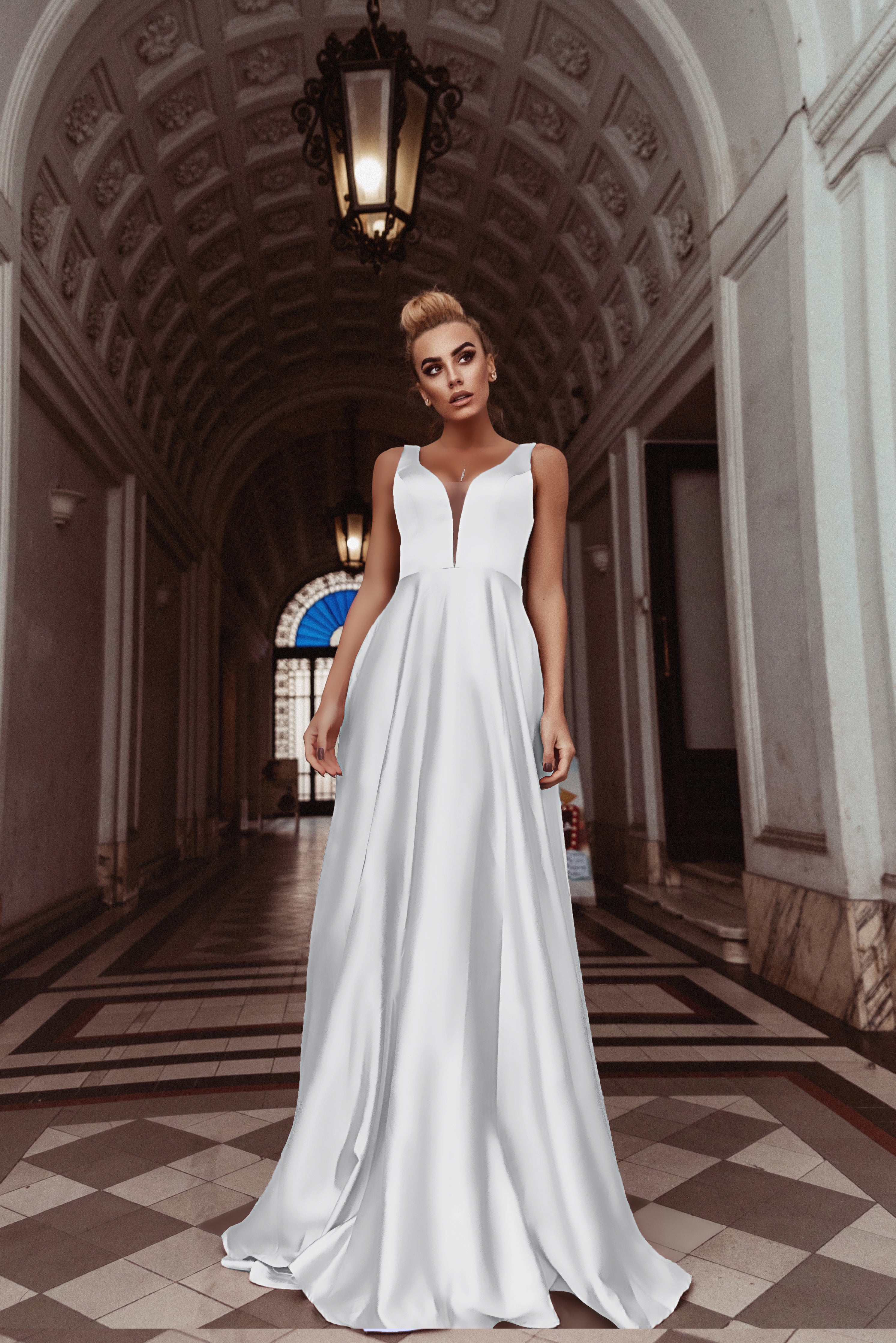 HDD Carina Shiny Satin Plunging Neckline Double Shoulder A Line Formal Dress (Made-To-Order)