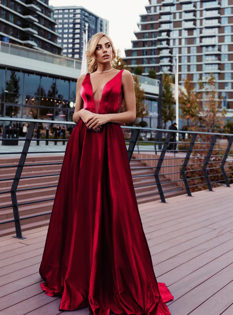 HDD Odette Satin Deep V Plunging Neckline A Line Maxi Dress (Made-To-Order)