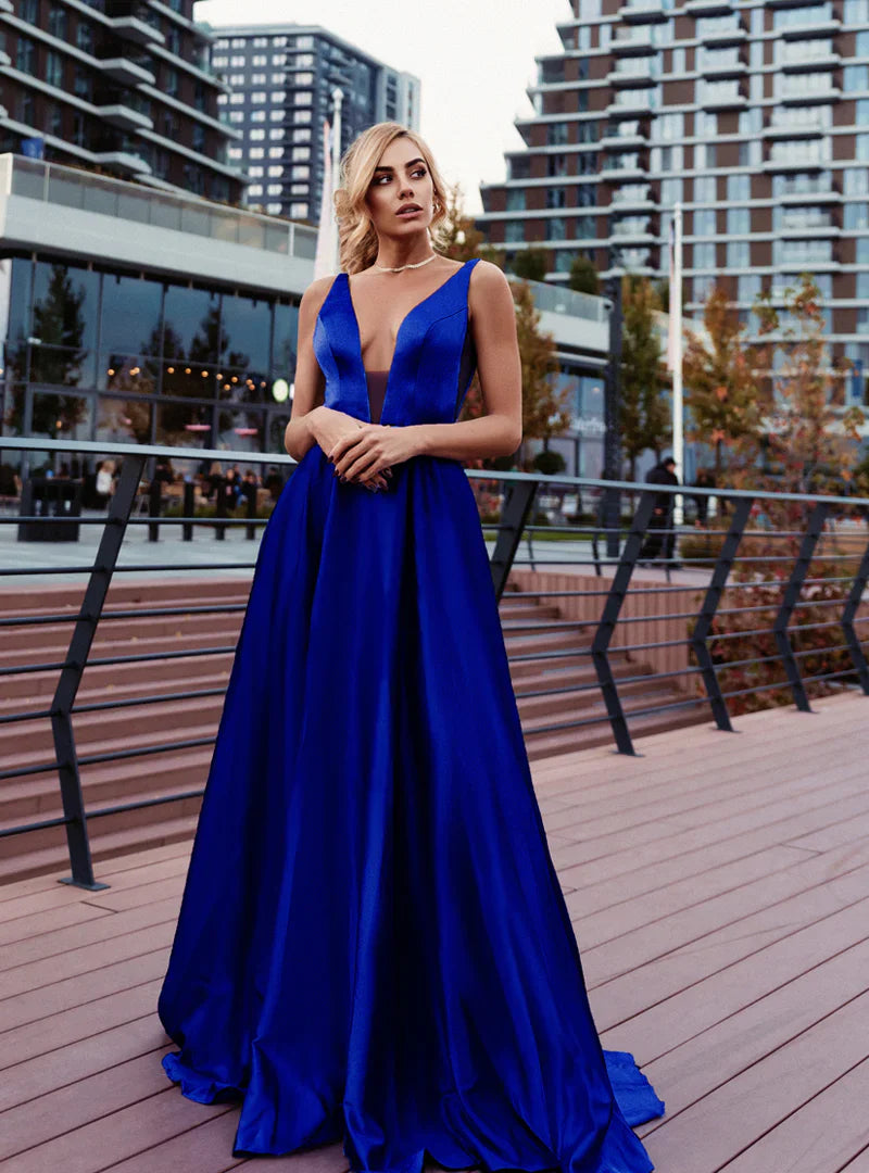 HDD Odette Satin Deep V Plunging Neckline A Line Maxi Dress (Made-To-Order)