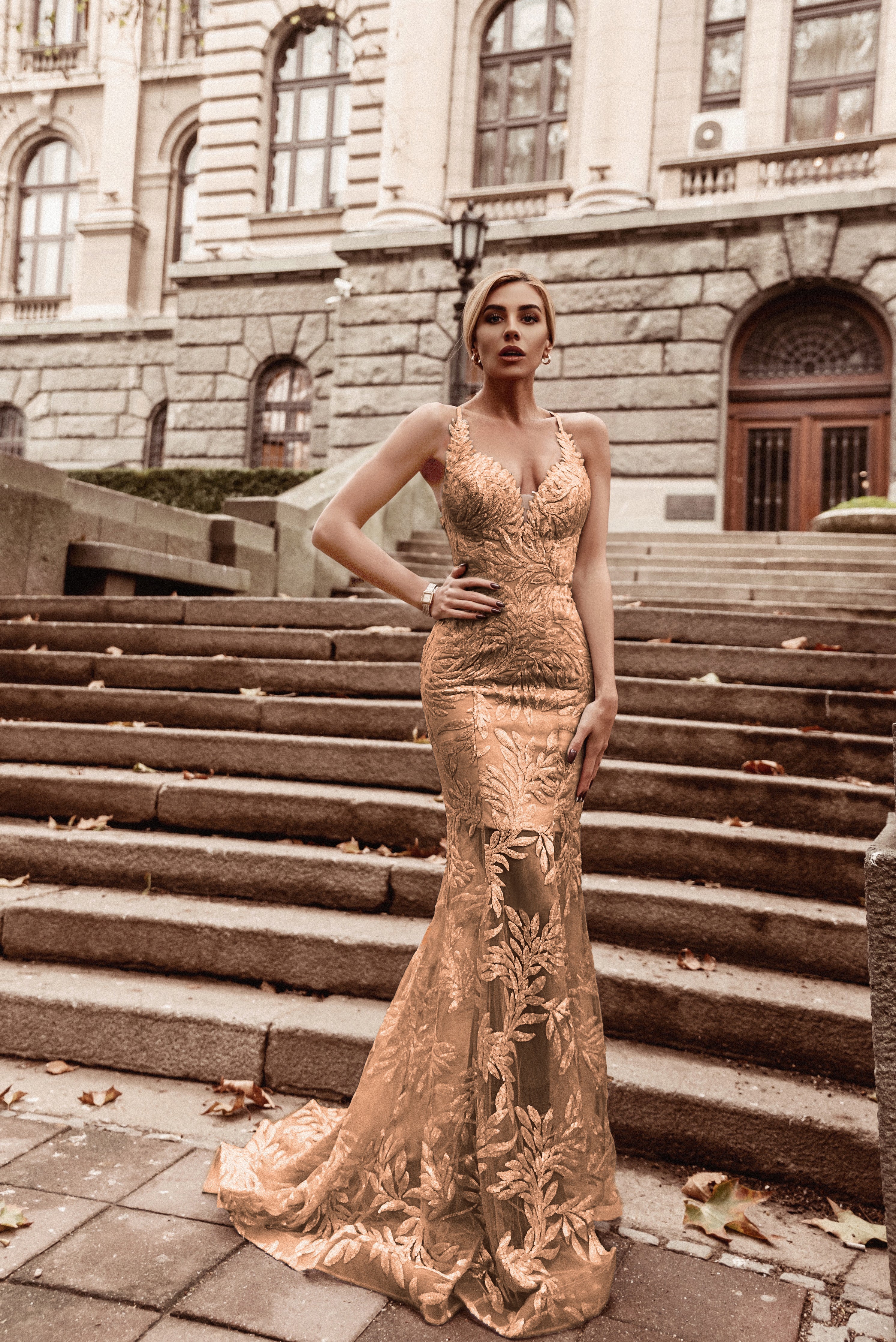 HDD Jenna Sequin Plunging Neckline Mermaid Tailed Lace Back Formal Sequin Dress (Made-To-Order)