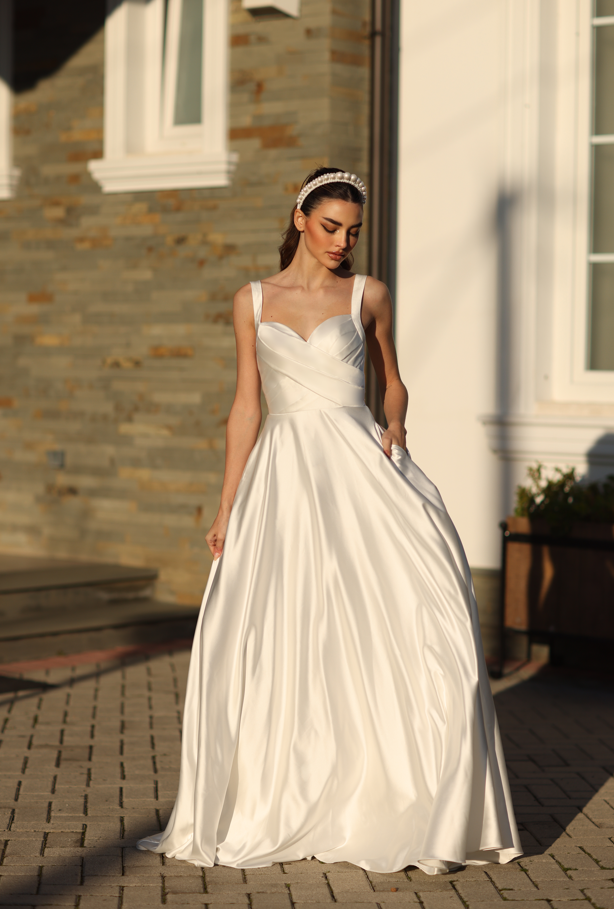 Tina Holly | BB210 Sweetheart Neckline Crossover Bodies A Line Satin Dress (Made-To-Order)