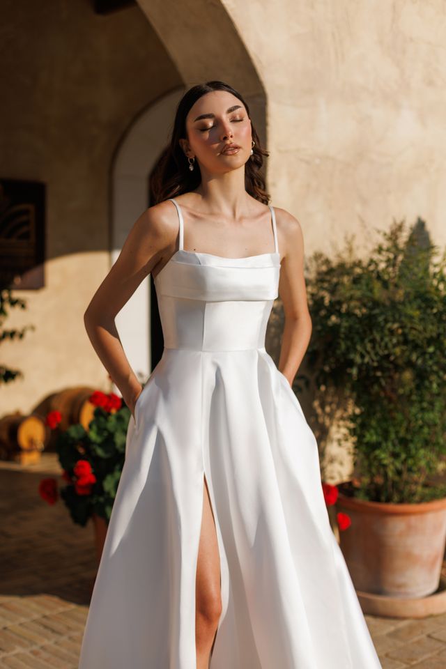Tina Holly TE305 Modern Soft Satin Wedding Dress with Front Slit