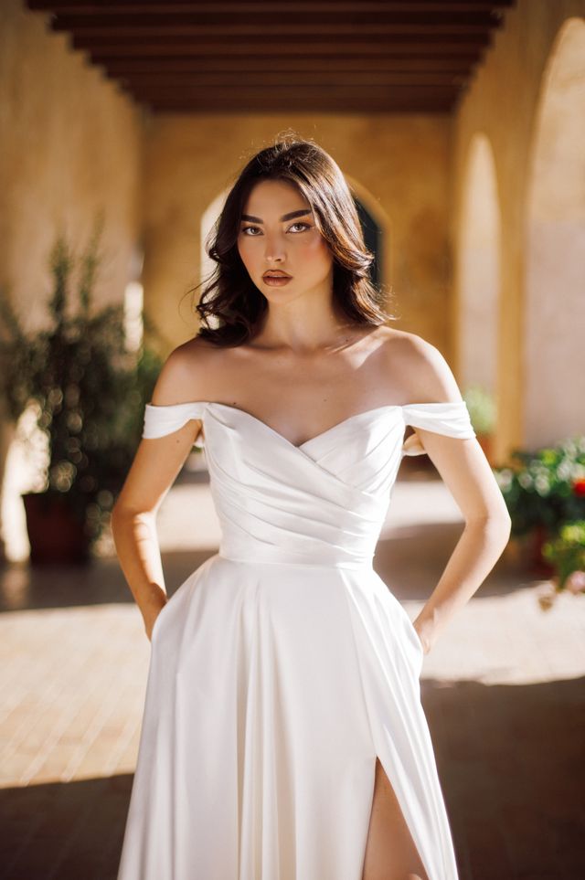 Tina Holly TE565 Chic Off-Shoulder Soft Satin Wedding Dress with Detachable Straps