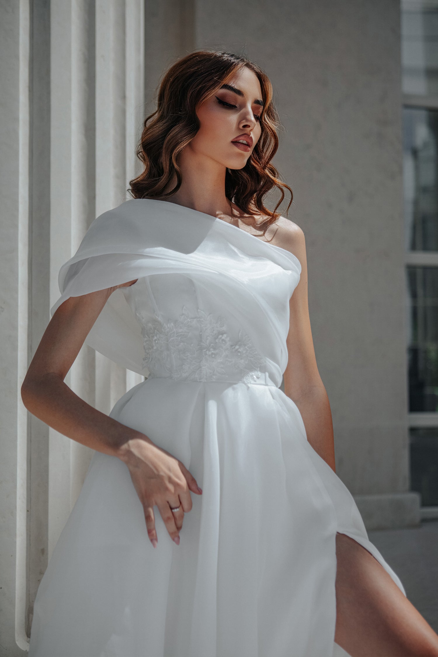 Tina Holly TK012W One-Shoulder Organza Bridal Gown with a Graceful Slit