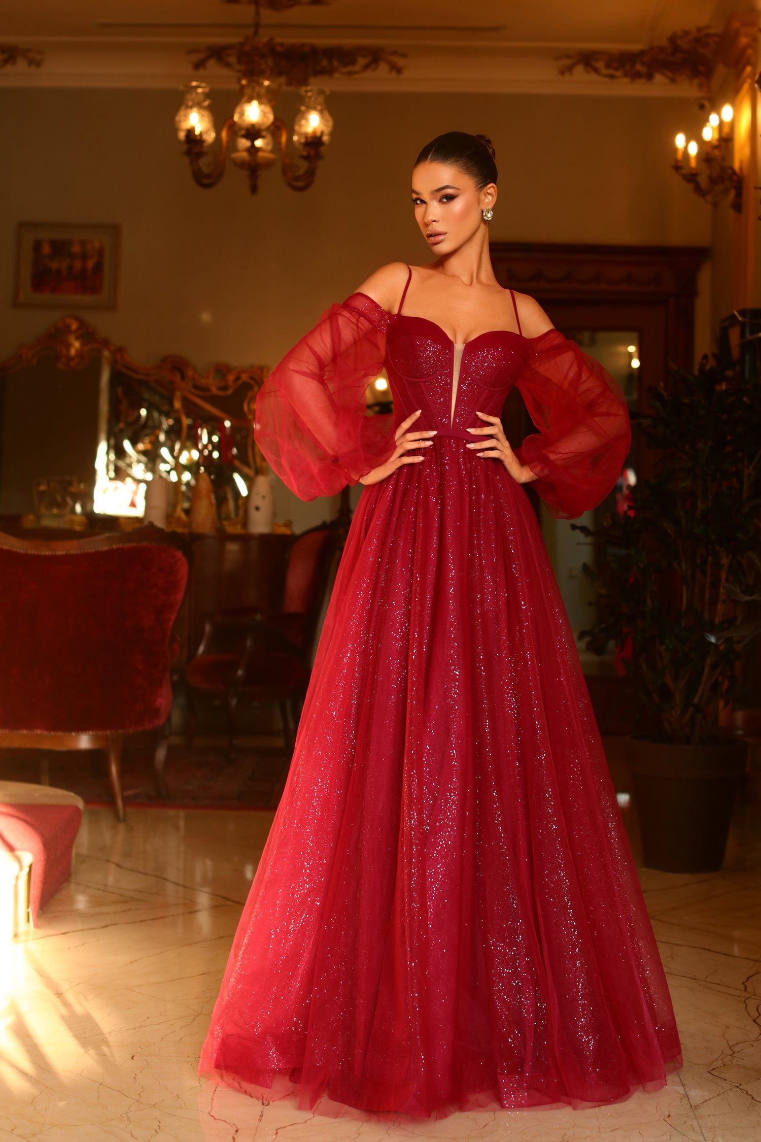 Long Elegant Red Dress Tina Holly TK130 Long Sleeve Split A Line Tulle Ball Gown Formal Long Elegant Red Dress Tina Holly TK130 Long Sleeve Split A Line Tulle Ball Gown Formal