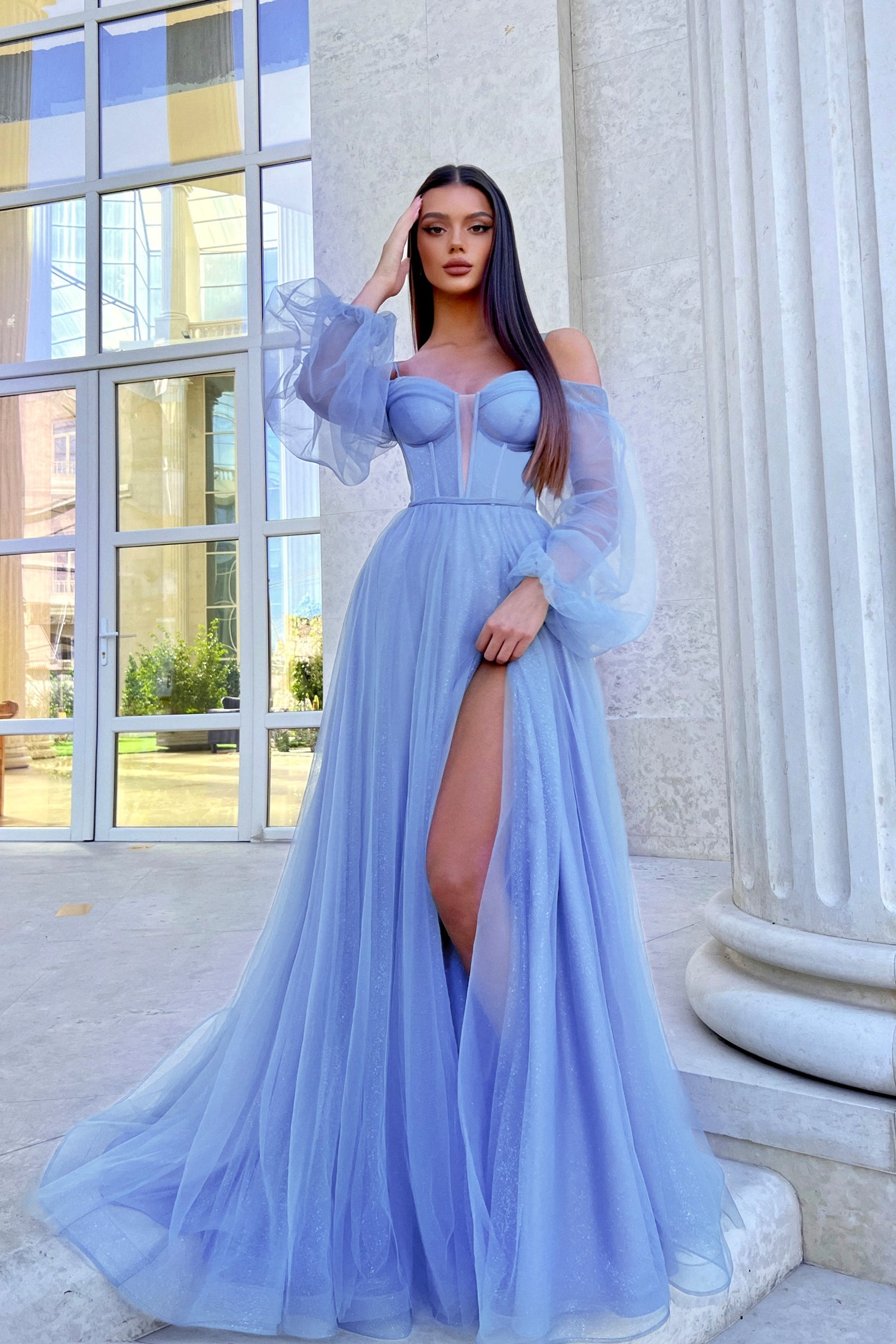 Tina Holly | TK130 Long Sleeve Split A Line Tulle Ball Gown Formal Dress (Made to Order)