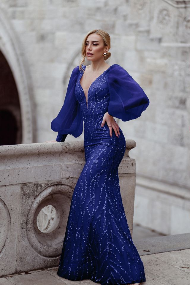 Tina Holly TK209 Beaded Lace Mermaid Dress with Illusion Puff Sleeves