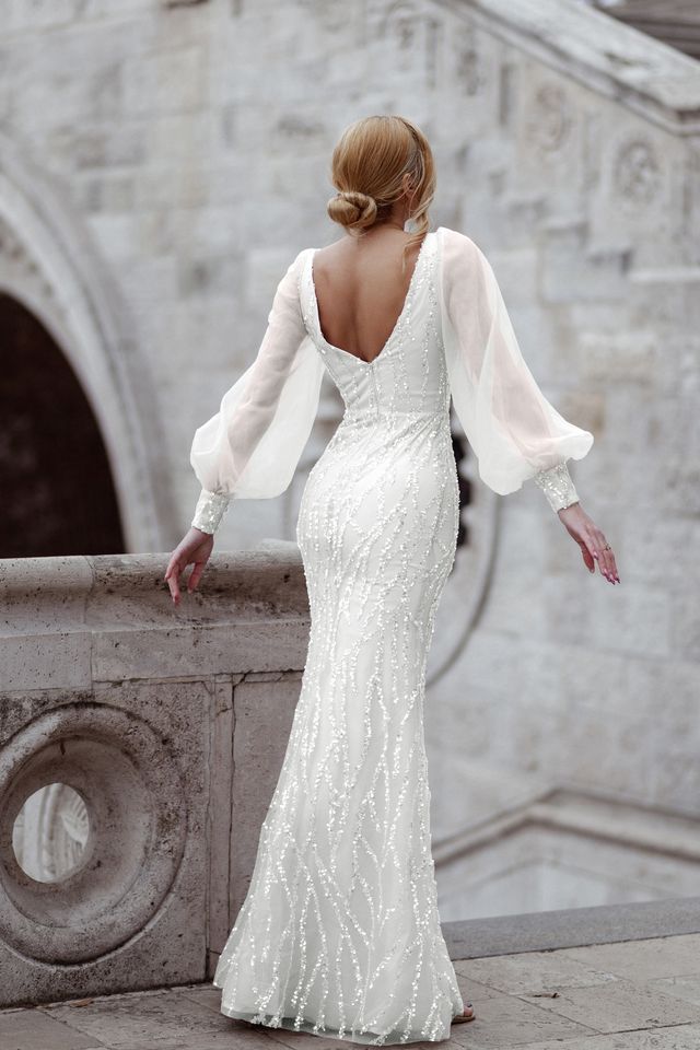 Tina Holly TK209 Beaded Lace Mermaid Dress with Illusion Puff Sleeves