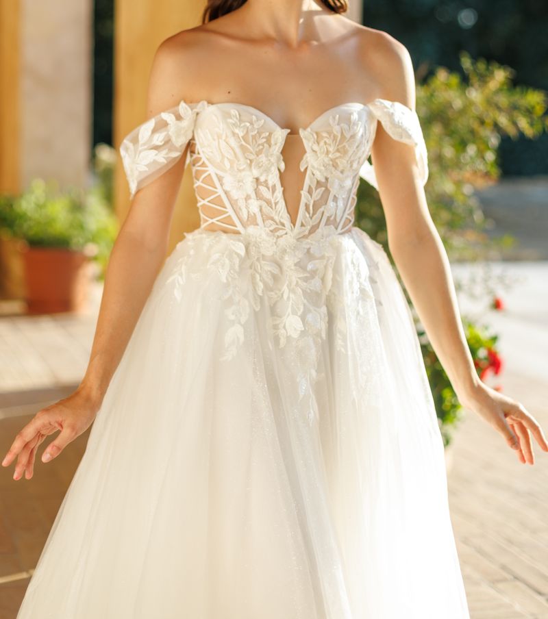 Tina Holly TW480 Elegant Off-Shoulder Applique Lace Wedding Dress with Detachable Straps