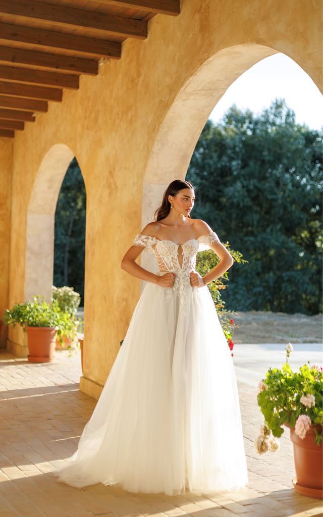 Tina Holly TW480 Elegant Off-Shoulder Applique Lace Wedding Dress with Detachable Straps