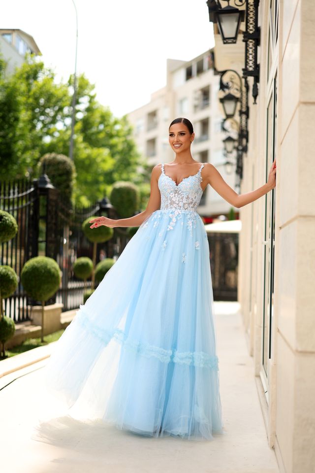 Tina Holly TY405 Icy Blue Tulle Ballgown with Embroidered Appliqué Bodice (Made to Order)