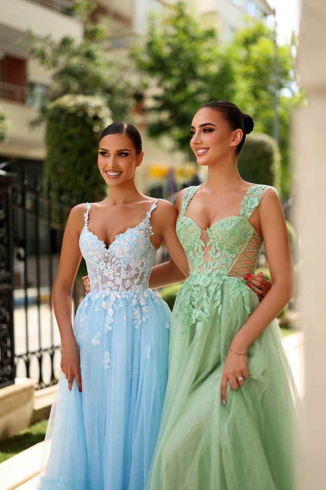 Tina Holly TY405 Icy Blue Tulle Ballgown with Embroidered Appliqué Bodice (Made to Order)
