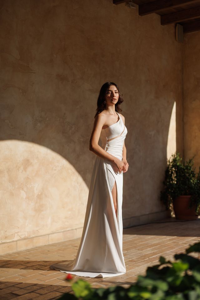 Tina Holly TT001W One-Shoulder Draped Satin Gown with High Slit (Made to Order)