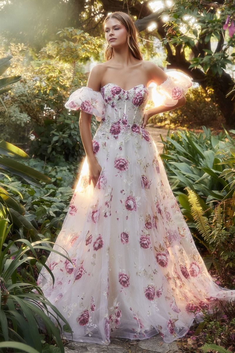 Andrea & Leo | Strapless Organza Peony Print Ball Gown (Made to Order)