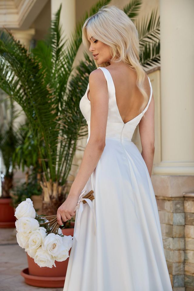 Tina Holly BA269W Elegant Satin A-Line Bridal Gown with Plunging Neckline