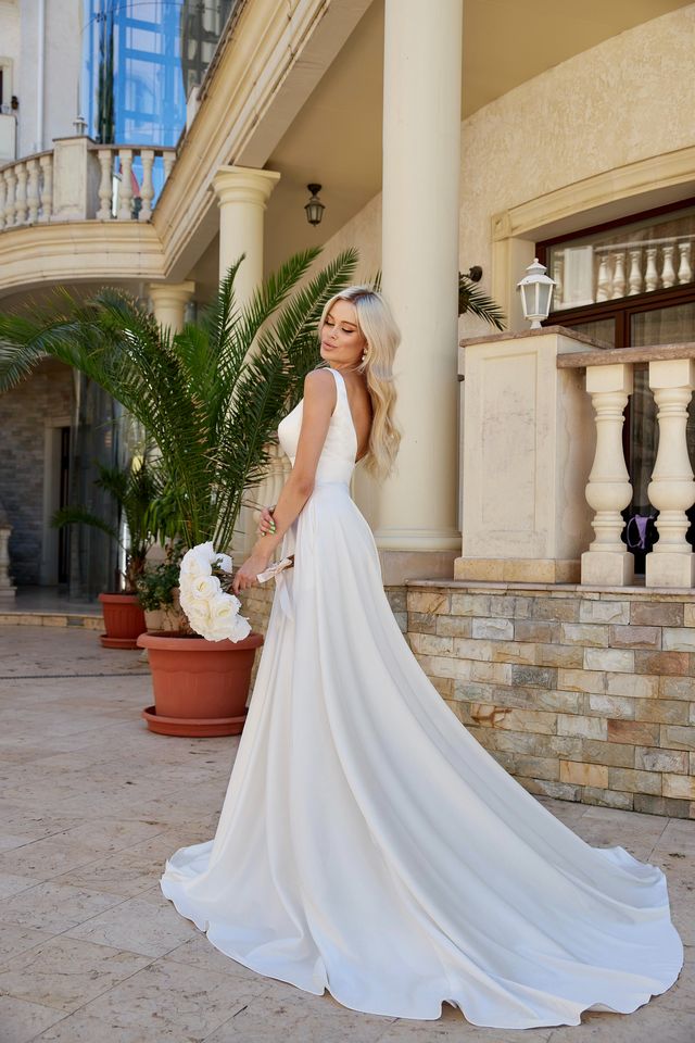 Tina Holly BA269W Elegant Satin A-Line Bridal Gown with Plunging Neckline