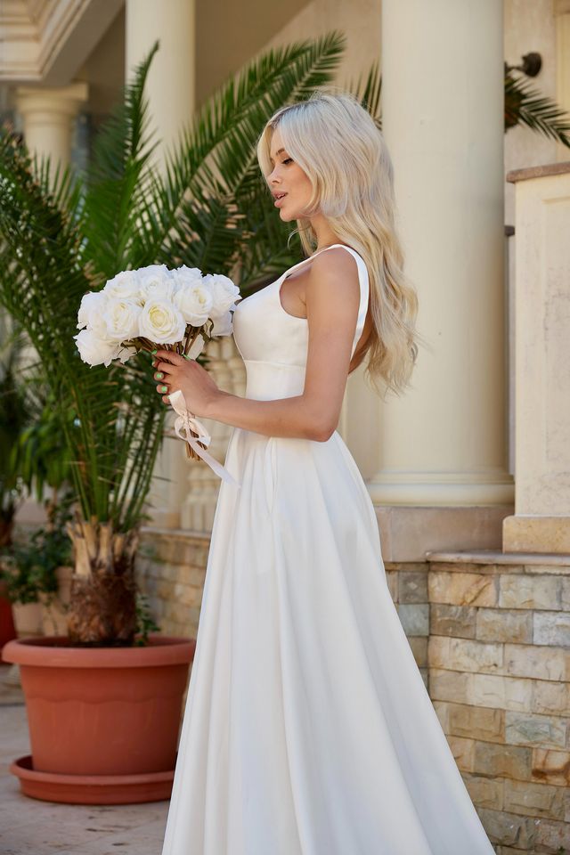 Tina Holly BA269W Elegant Satin A-Line Bridal Gown with Plunging Neckline