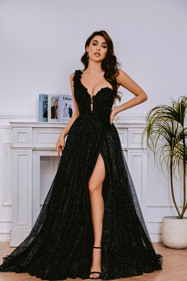 Tina Holly TK554 One-Shoulder Beaded Lace & Tulle Slit Dress (Made to Order)
