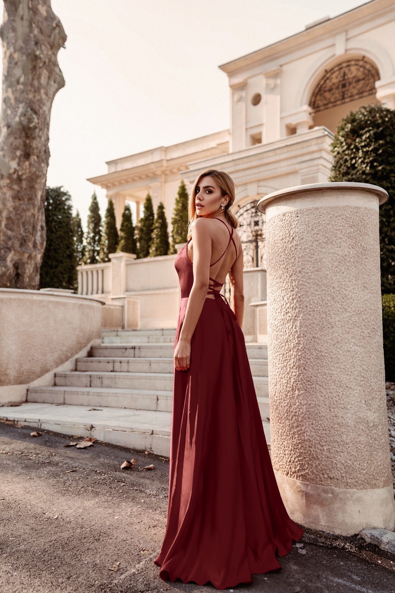 Tina Holly | TW004 Lace Back Apron Neckline A Line Satin Formal Dress (Made-To-Order)