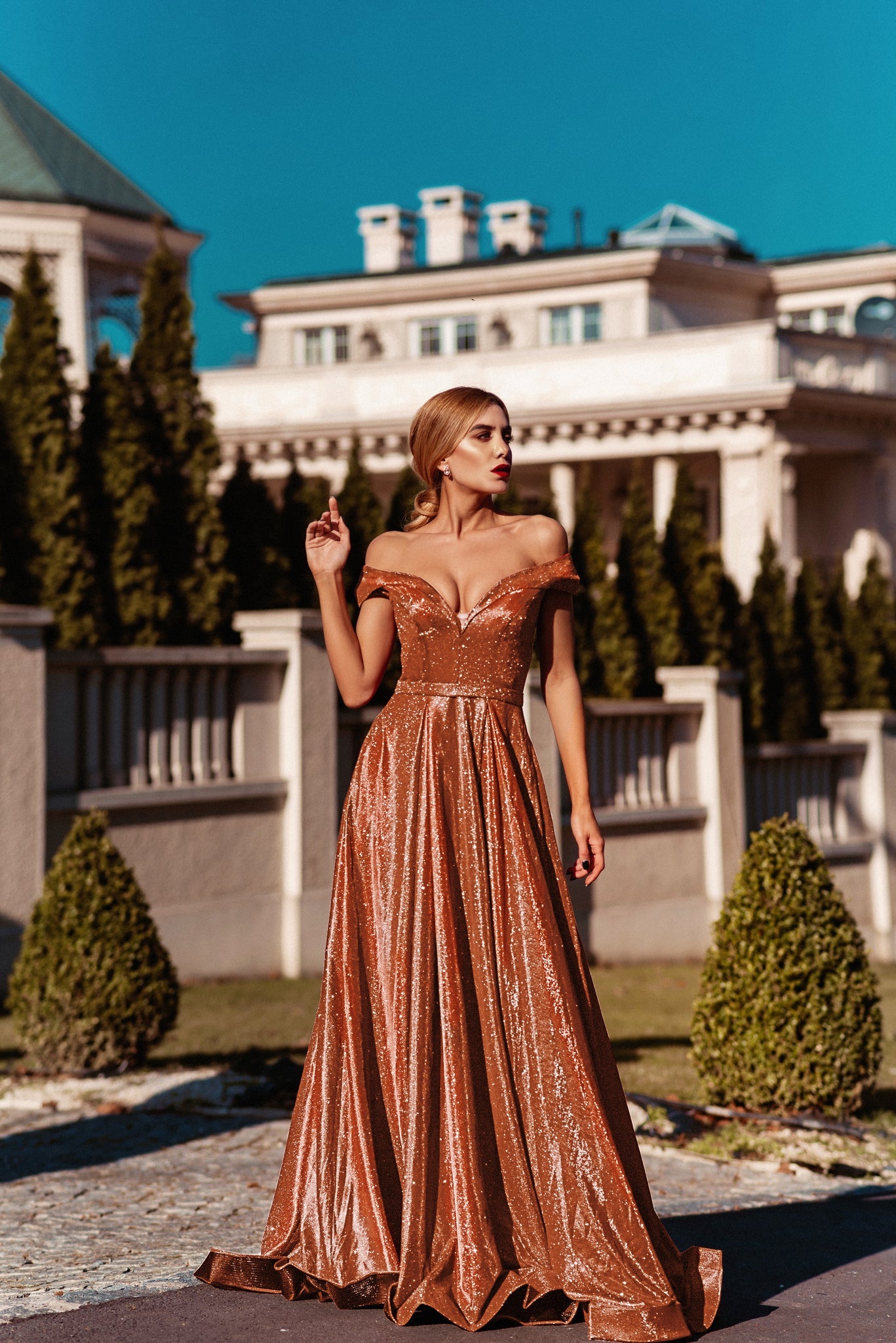 Tina Holly | TW028 V Neckline Glitter Satin A Line Formal Dress  (Made to Order)